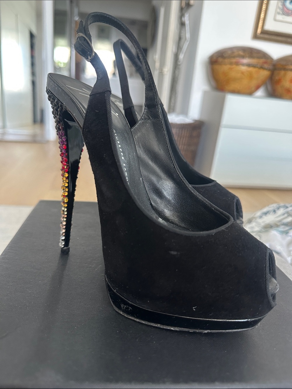 Black Suede Slingback Peep-Toe Platform Heels with Crystal-Embellished Heel